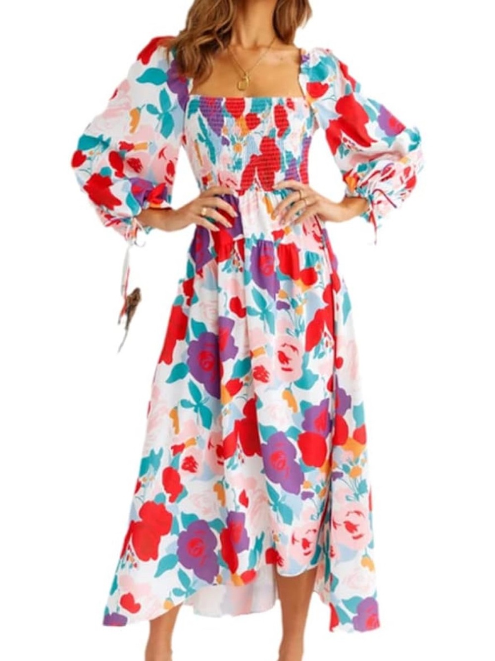 Smocked Square-Neck Floral Maxi Dress - White Multi - Picture 2 of 4